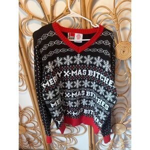 Spencers Large Ugly Christmas Sweater Merry X-Mas Bitches V-Neck